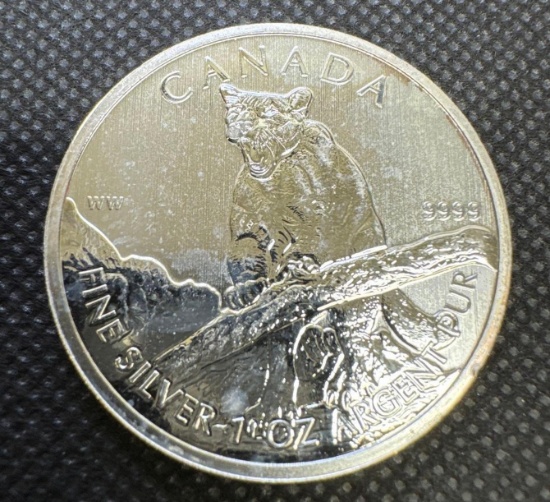 2012 Canadian Cougar 1 Troy Oz .9999 Fine Silver Round Bullion $5 Coin