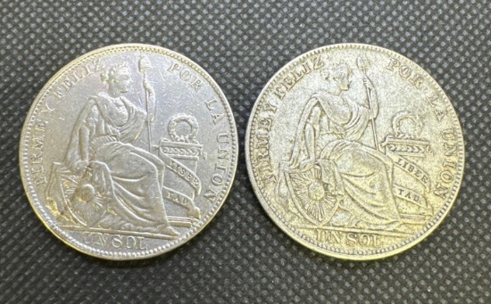 2x 1930 Peru Un Sol 50% Silver Coins 1.74 Oz