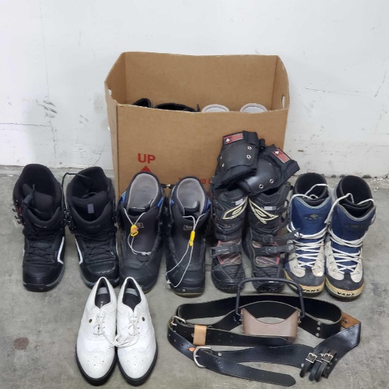 Box of dirtbike/snowboard boots leather belts elbo pads etc. ONeal Thor Burton Vans more