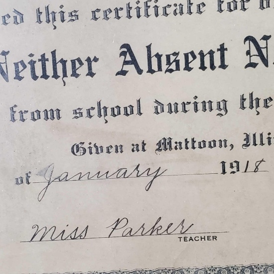 Framed Antique 1918 Certificate of award to Homer Smith Attendance award Bennett school Mattoon