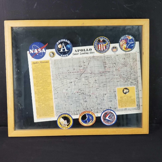 Framed double sided map of Appolo lunar landing/historical events first lunar flights