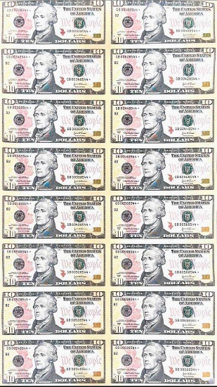 Uncut Sheet of 16 Ten Dollar $10 Bills US Dollar Money Banknotes $160 Face Value