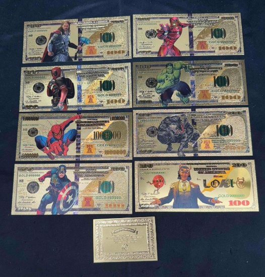 Golden Marvel Comics Banknote Bills Loki, Spider Man Thor more