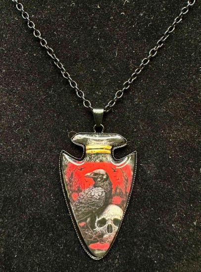 Unique Crow with Skull Arrowhead Pendant Necklace horror