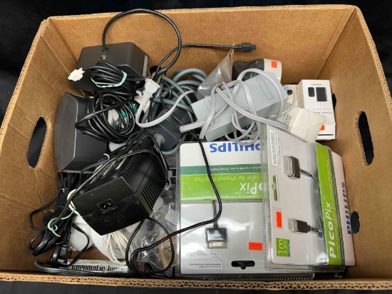 Box of Assorted Electronics and Parts, Wires, Cameras more