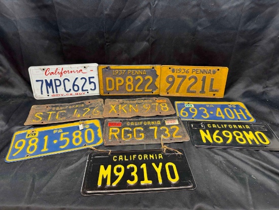 11 Vintage License Plates California, Pennsylvania 1931-Present