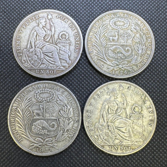 4x 1924 Peru Un Sol 50% Silver Coins 3.50 Oz