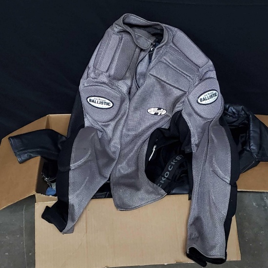 Box of various jackets vests Santa Cruz Joe Rocket Ballistic series Harley Davidson leather O'Neal