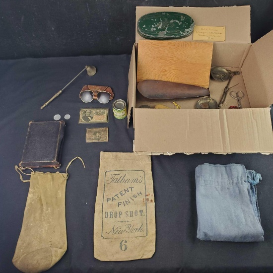 Antique Miners Jmproved 1849 gold scale US 25/50 cent fractional currency Calobar sunglasses more