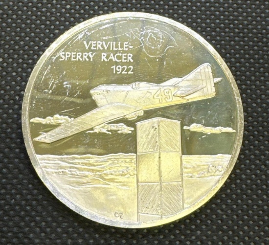 History Of Flight Verville Sperry Racer 1922 Sterling Silver Coin 1.31 Oz