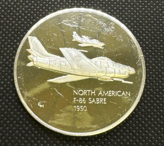 History Of Flight North American F-86 Sabre sterling silver Coin 1.31 Oz