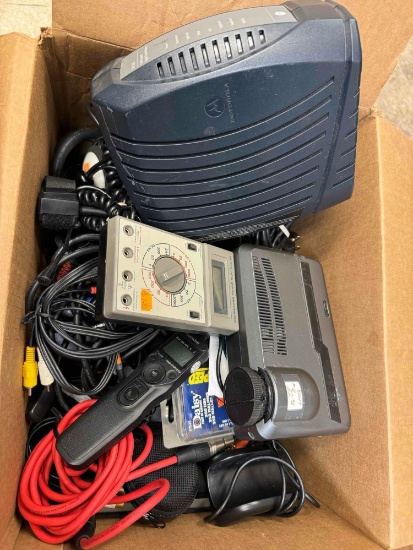 Box of Assorted Electronics, Chords, Projector, Multimeter more