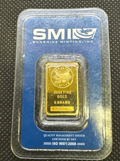 SMI 5 Gram 999.9 Fine Gold Bullion Bar