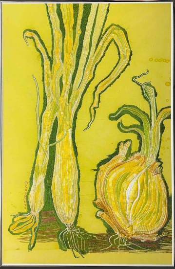 Framed wax batik and hand embroidery Art Onions by Genevieve Taunis Wexler 26x40