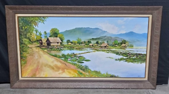 Framed oil/canvas landscape with small houses