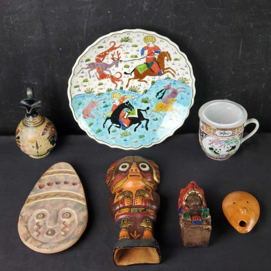 Vintage hand painted china bowl/cup Peruvian/Inca stone/ceramic figures ocarina whistle Ceramicas