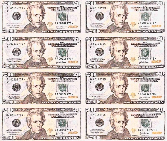Uncut Sheet of 8 Twenty Dollar Bills $20 US Dollar Money Banknotes $160 Face Value
