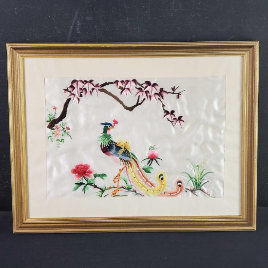 Framed embroidery fabric/silk art Peacock