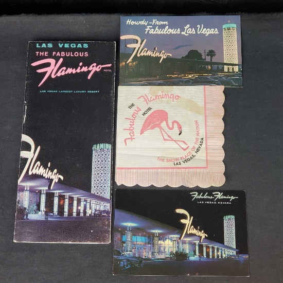 Vintage memorabilia from Flamingo Hotel Las Vegas postcards napkin brochure
