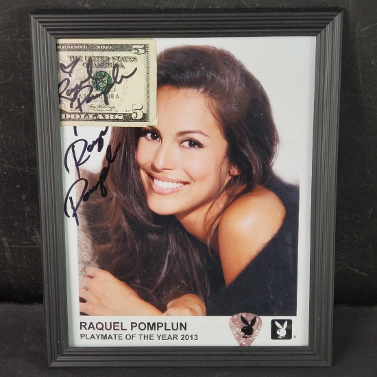 Framed and signed portrait photo of Raquel Pomplun with 5 dollar bill signed