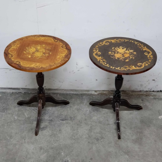 2 Vintage Italian floral design tables with inlaid wood