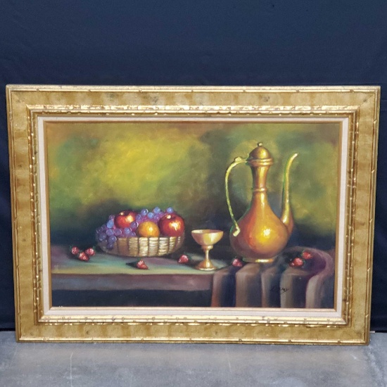 Large framed oil/canvas still life fruit/basket/cup/decanter on tabletop signed Lisley