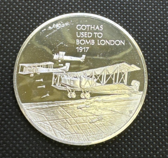 History Of Flight Gothas Used To Bomb London 1917 Sterling Silver Coin 1.34ct
