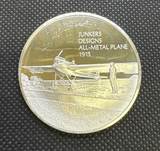 History Of Flight Junkers Designs All-Metal Plane 1915 Sterling Silver Coin 1.35 Oz