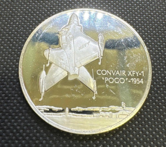 History Of Flight Convair XFY-1 Pogo 1954 Sterling Silver Coin 1.32 Oz