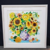 Large framed SUNFLOWER TISSUE COLLAGE signed Genevieve Taunis Wexler