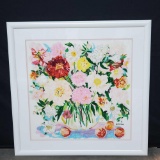 Large framed LARGE FLORAL BOUQUET WITH FRUIT artwork signed Genevieve Taunis Wexler