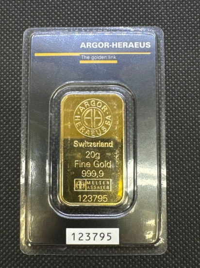 Argor-Heraeus Switzerland 20 Gram 999.9 Fine Gold Bar