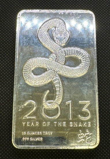 2013 Year Of The Snake 10 Troy Oz .999 Fine Silver Bullion Bar