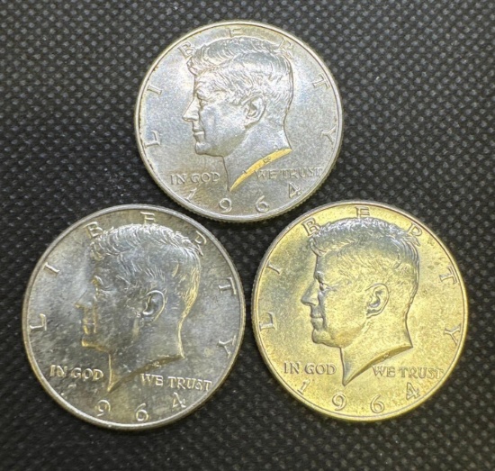3x 1964 Kennedy half dollars 90% Silver Coins 1.32 Oz