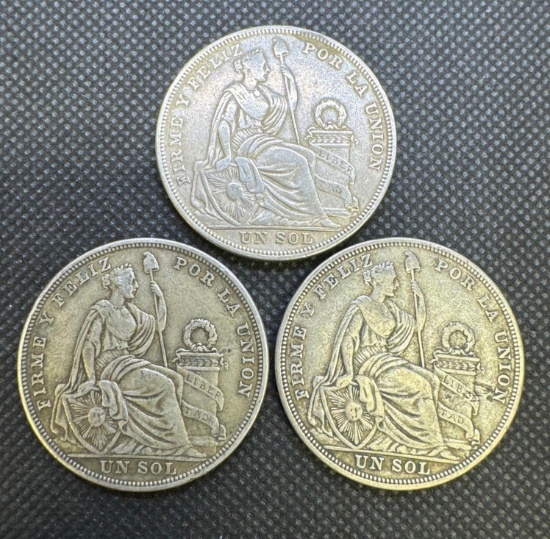 3x 1923 Peru Un Sol 50% Silver Coins 2.62 Oz