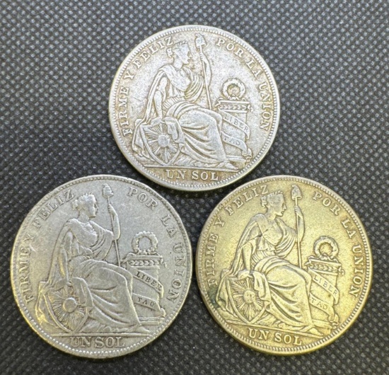 3x 1925 Peru Un Sol 50% Silver Coins 2.62 Oz