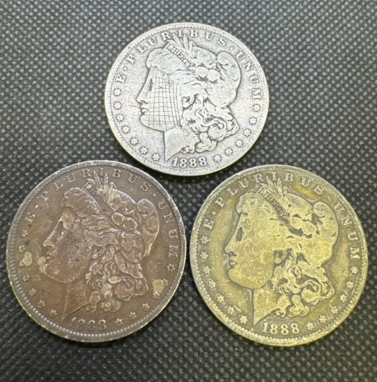 3x 1888 Morgan Silver Dollar 90% Silver Coin 2.75 Oz