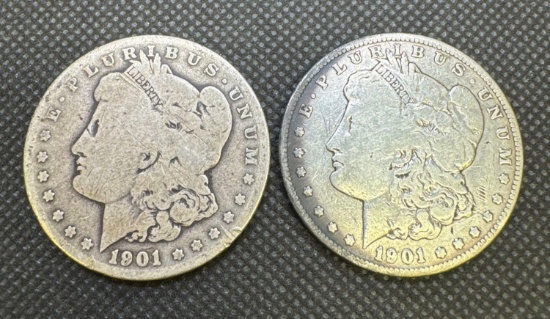 2x 1901 Morgan Silver Dollars 90% Silver Coins 1.82 Oz