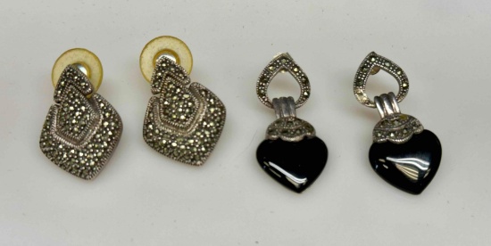 2 Pairs of 925 Sterling Silver Marcasite Earrings