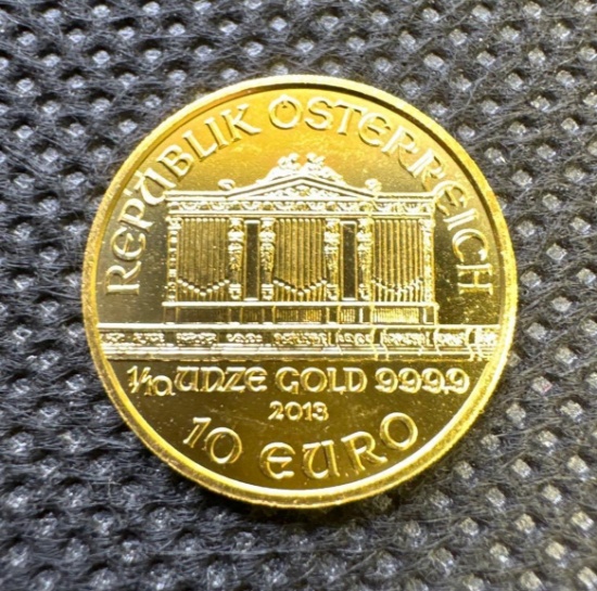 2013 1/10 Oz 999.9 Fine Gold Philharmonic Bullion Coin 10 Euro 3.13 Grams