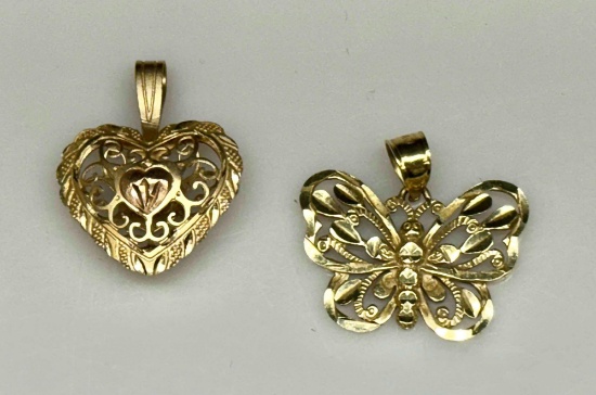 Pair of 14k Gold Pendants Heart Butterfly 2.9g total