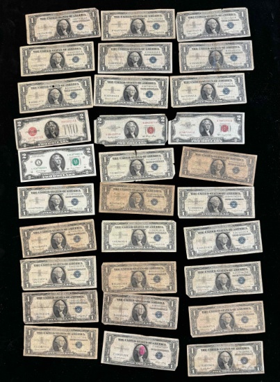 30 Total US $2 & $1 Dollar Silver Certificates, Includes bills from the 20s, 30s as well as a 20s