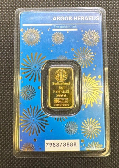 Argor-Heraeus Switzerland 5 Gram 999.9 Fine Gold Bullion Bar