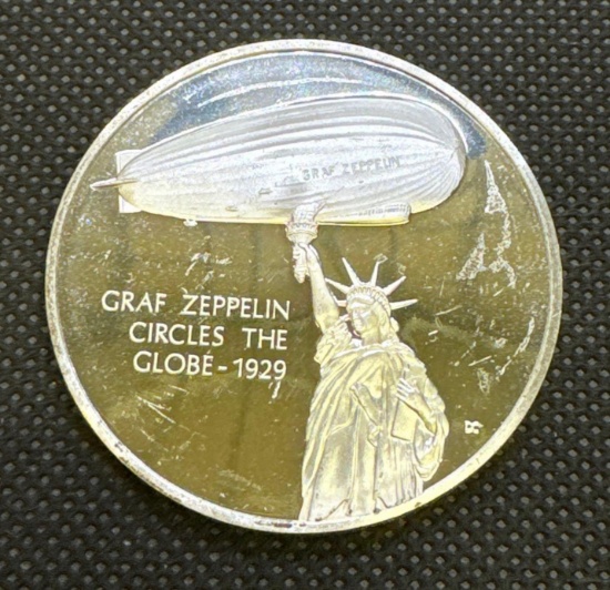 History Of Flight Graf Zeppelin Circles The Globe 1929 Sterling Silver Coin 1.33 Oz