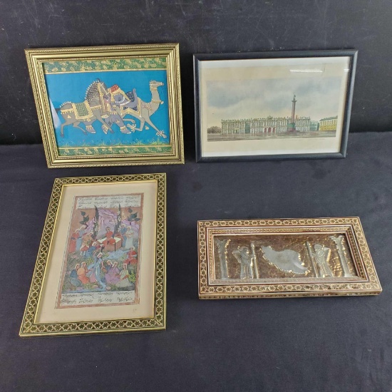 4 Small framed art pieces St. Petersburg India/Iran inspired metal art