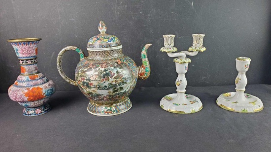 Large Chinese hand painted porcelain teapot 2 Herend Hungary hand painted candle holders floral vase