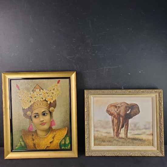 2 Framed oil/canvas pieces with signatures Portrait Bali woman elephant