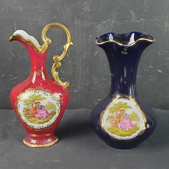 2 Vintage Limoges porcelain pieces Small pitcher Florence colbalt blue with gold trim