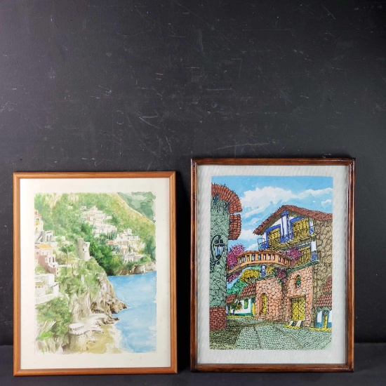 Lot of 2 framed prints 1 with signature seacliff houses Pureto Vallarta