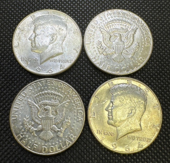 4x 1964 Kennedy Half Dollars 90% Silver Coin 1.76 Oz